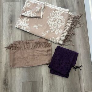 Floral Rose Woven Throw and Two Fringe Scarves - Blush, Taupe, Purple